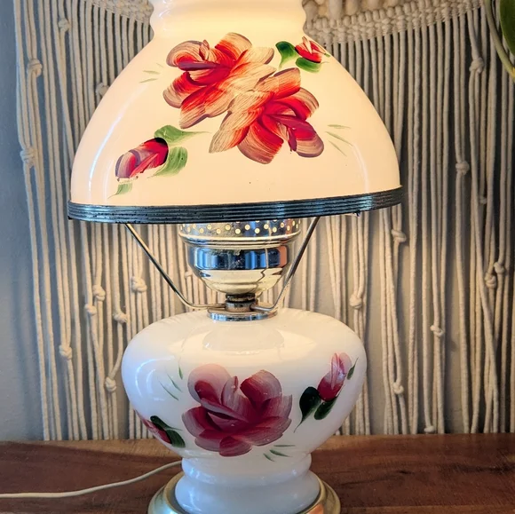Vintage Hand-Painted Milk Glass Hurricane Lamp - Floral Rose Detail